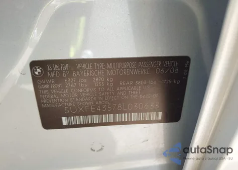 2008 BMW X5 3.0Si z USA, uszkodzony, nr VIN 5UXFE43578L030633